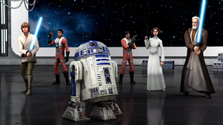 HD wallpaper featuring R2-D2, Luke Skywalker, Princess Leia, and Obi-Wan Kenobi from Star Wars: Galaxy of Heroes.