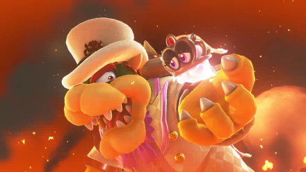 4K Ultra HD Super Mario Odyssey wallpaper featuring Bowser in a white suit and Tiara, holding Cappy against a fiery, glowing background from the video game.