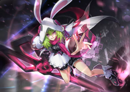HD PC desktop wallpaper featuring a dynamic character with green hair and a bunny-eared hood from the video game Forever 7th Capital in an action pose.