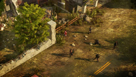 HD desktop wallpaper featuring a scene from Wasteland 2 with characters exploring a desolate, post-apocalyptic landscape.