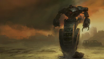 HD wallpaper of a robotic figure standing in a desolate wasteland, inspired by the game Wasteland 2, with a stormy sky backdrop.