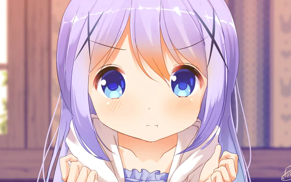 HD anime wallpaper featuring Chino Kafū from Is the Order a Rabbit with soft lighting and detailed blue eyes, designed for PC desktop backgrounds.