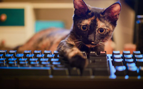 HD PC desktop wallpaper showing a cat with a tortoiseshell coat reaching out to press keys on a black keyboard.