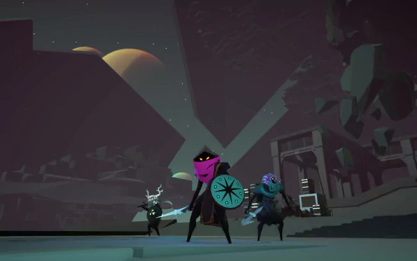 HD desktop wallpaper of a stylized necropolis scene with animated characters under an otherworldly sky.