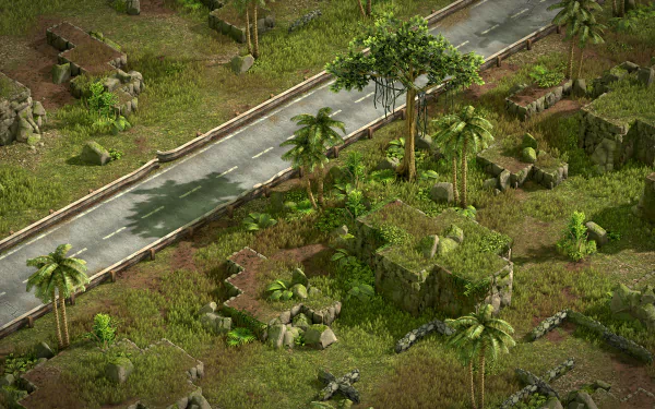HD desktop wallpaper of a Xenonauts 2 game scene featuring a deserted road winding through a lush, verdant landscape with ruins and palm trees.