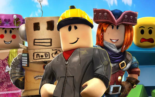 HD desktop wallpaper featuring a collection of Roblox characters in vibrant attire against a blue sky background.