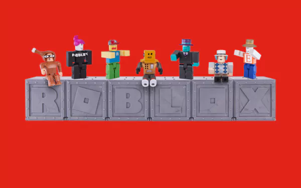 HD Roblox wallpaper featuring various Roblox characters standing on 3D letters spelling 'ROBLOX' with a red background.