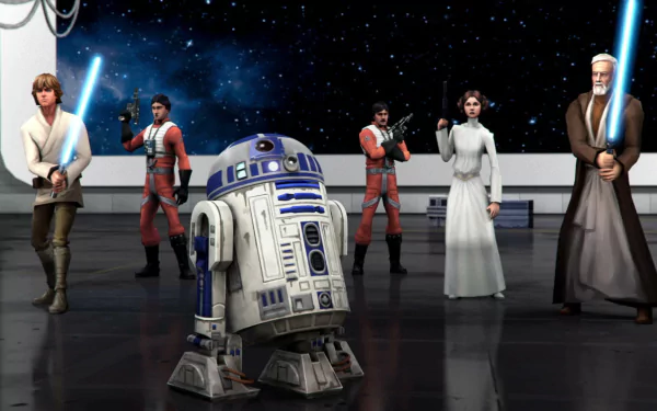 HD wallpaper featuring R2-D2, Luke Skywalker, Princess Leia, and Obi-Wan Kenobi from Star Wars: Galaxy of Heroes.
