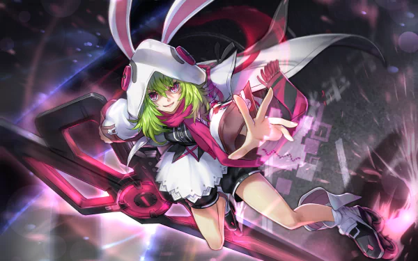 HD PC desktop wallpaper featuring a dynamic character with green hair and a bunny-eared hood from the video game Forever 7th Capital in an action pose.