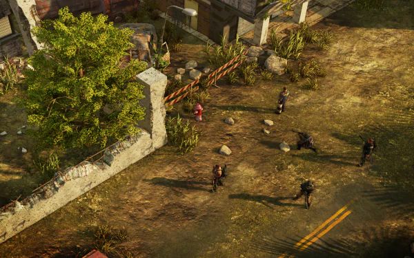 HD desktop wallpaper featuring a scene from Wasteland 2 with characters exploring a desolate, post-apocalyptic landscape.