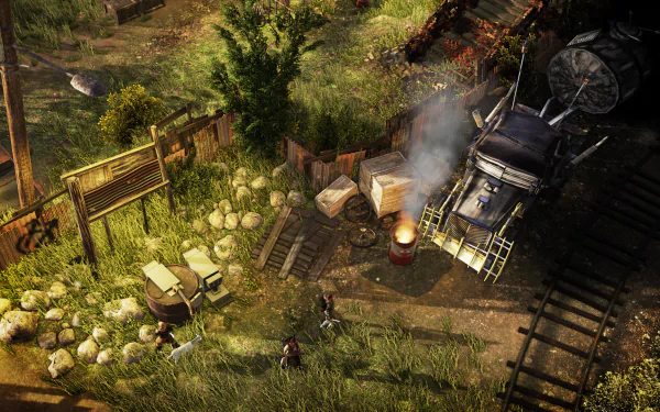 HD desktop wallpaper featuring a scene from Wasteland 2 with characters in a post-apocalyptic setting.