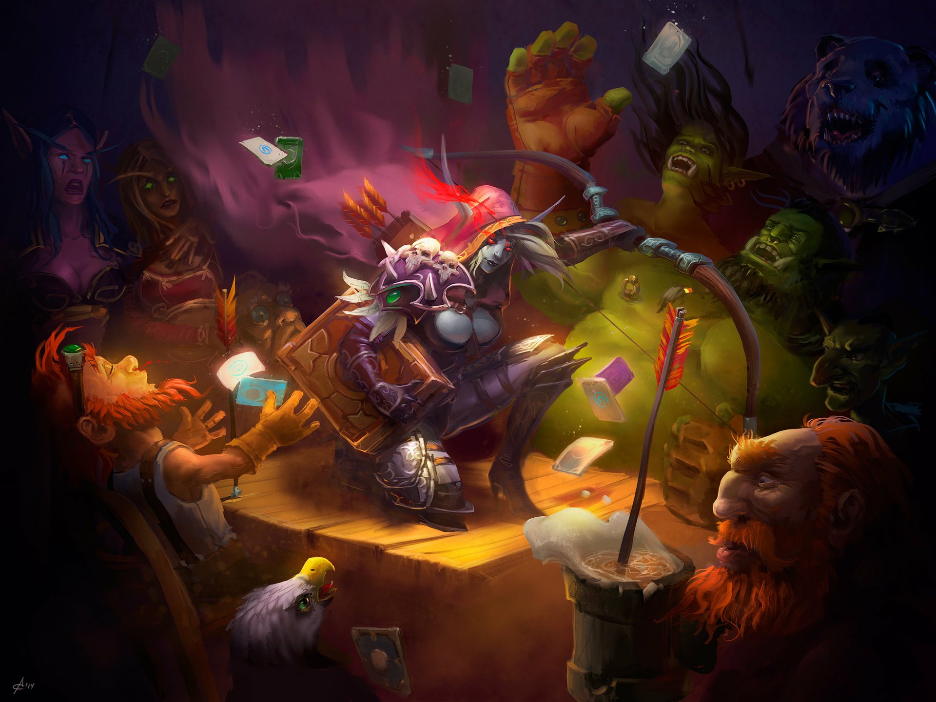 Hearthstone: Heroes of Warcraft HD wallpaper featuring whimsical characters engaged in a lively tavern scene.