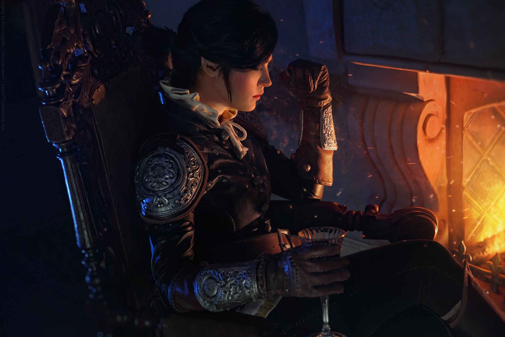 HD PC desktop wallpaper featuring Syanna from The Witcher 3: Wild Hunt - Blood and Wine in detailed cosplay, illuminated by warm firelight in a dark, atmospheric setting.