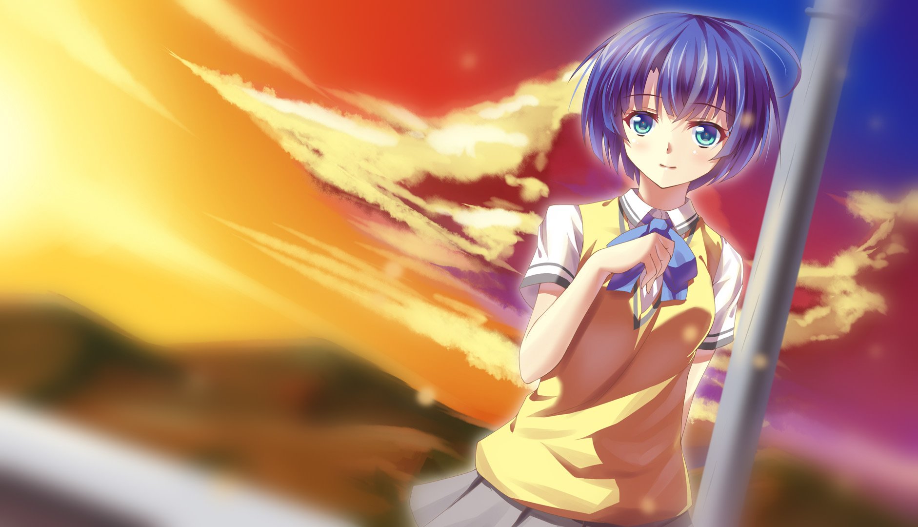 HD PC desktop wallpaper of Kanna Tanigawa with short blue hair and skirt, standing against a vivid sunset sky with clouds — Waiting in the Summer anime scene