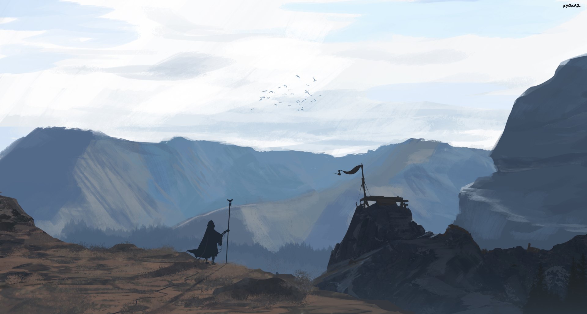 HD fantasy landscape wallpaper depicting a grim reaper standing on a rocky mountain ledge overlooking distant peaks under a cloudy sky.