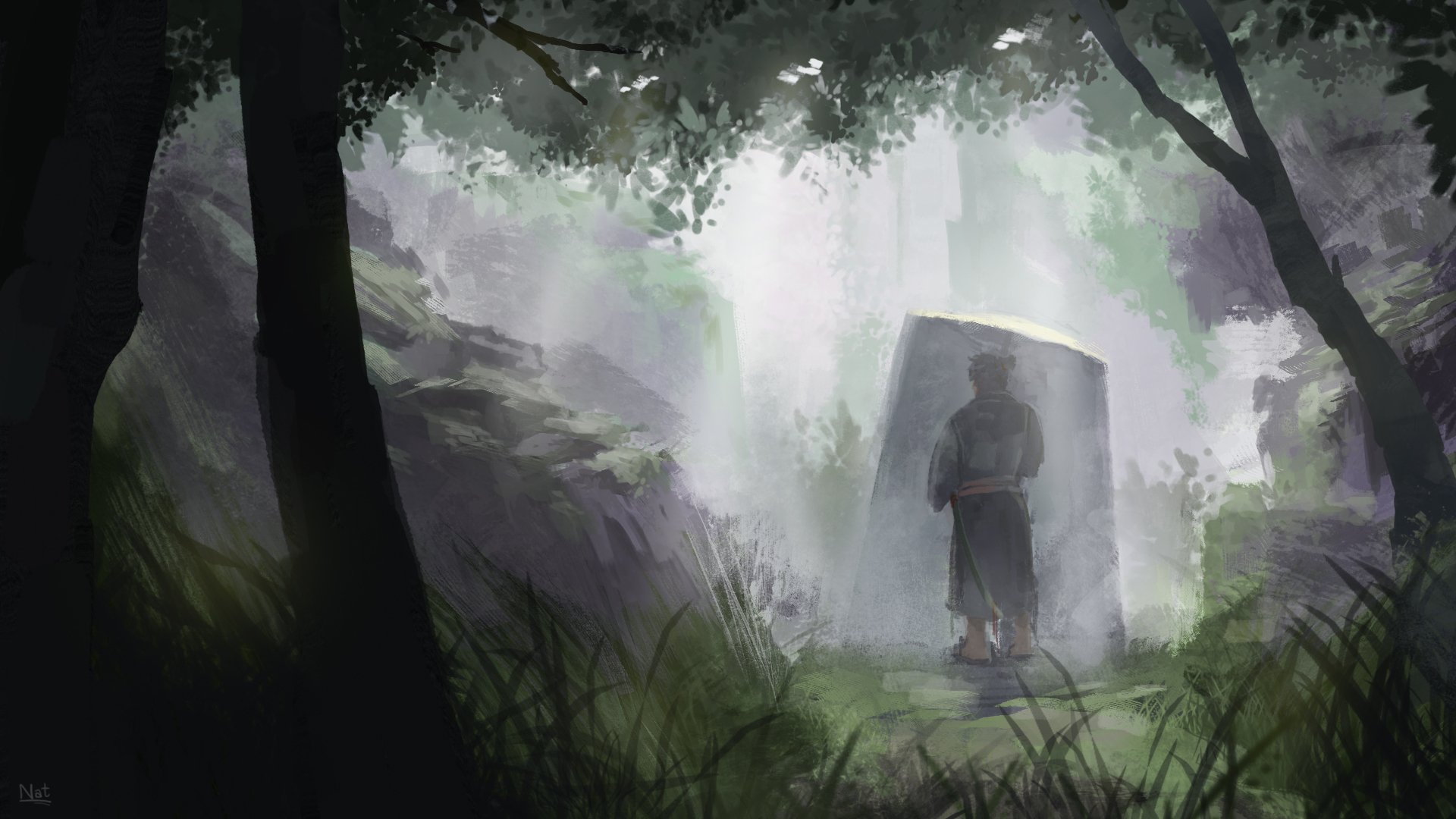 A fantasy samurai warrior standing before a glowing portal in a misty forest, captured in an HD PC desktop wallpaper background.