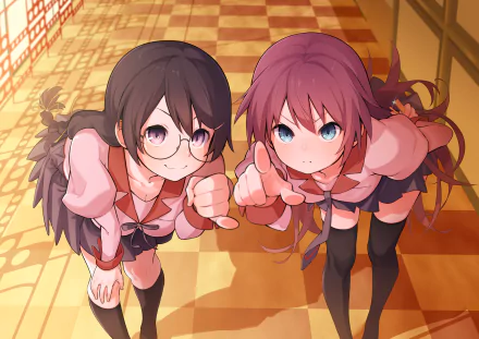 HD anime desktop wallpaper featuring Tsubasa Hanekawa and Hitagi Senjōgahara from the Monogatari series in a warm, detailed art style.