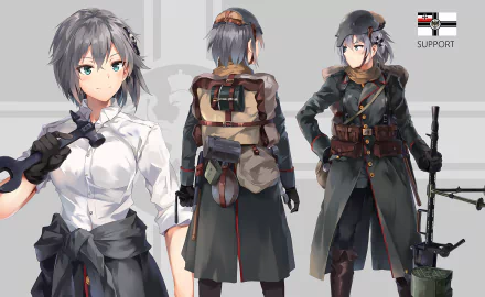 HD desktop wallpaper featuring an original anime character in different outfits and poses. The character is set against a light grey background, showcasing a detailed and vibrant design.