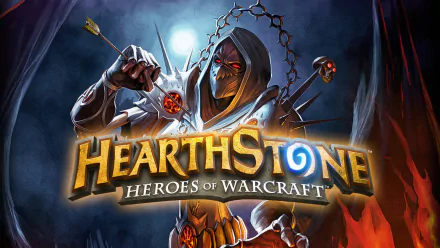 HD Hearthstone: Heroes of Warcraft desktop wallpaper featuring a cloaked character wielding magic and chains with the game logo prominently displayed.