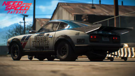 Nissan 240ZG car in Need for Speed Payback (video game) — rear three-quarter shot of a tuned vintage Nissan in a sunlit industrial lot, 4K Ultra HD PC desktop wallpaper/background.