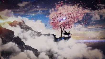 HD anime desktop wallpaper featuring an original angel character standing beside a blooming cherry blossom tree on a mountain peak above the clouds under a twilight sky.