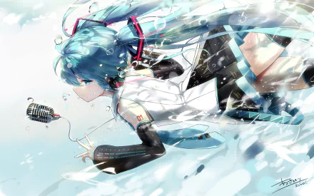 HD desktop wallpaper featuring Hatsune Miku, an Anime character from Vocaloid, depicted with flowing blue hair and intricate outfit, submerged in water with vibrant colors and artistic detailing.