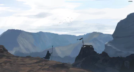 HD fantasy landscape wallpaper depicting a grim reaper standing on a rocky mountain ledge overlooking distant peaks under a cloudy sky.