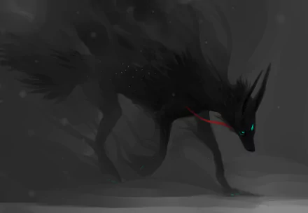 A dark, shadowy fantasy animal with glowing blue eyes and a red collar, set against a misty, eerie background. HD fantasy PC desktop wallpaper.
