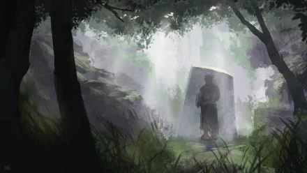 A fantasy samurai warrior standing before a glowing portal in a misty forest, captured in an HD PC desktop wallpaper background.