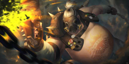 HD PC desktop wallpaper of Roadhog from Overwatch: bulky masked warrior in spiked armor wielding a hook and flamethrower amid a smoky, war-torn battlefield.