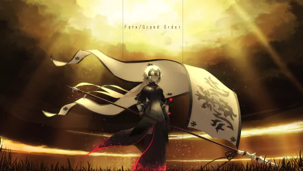 HD desktop wallpaper featuring Jeanne d'Arc Alter from Fate/Grand Order against a dramatic sunset backdrop, holding a large, flowing flag. Text reads Fate/Grand Order.