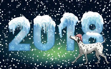 HD desktop wallpaper featuring icy 2018 numbers covered in snow and icicles, with a Dalmatian dog wearing a red hat amidst a snowy New Year snowfall scene.