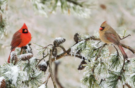 A vibrant northern cardinal pair perched on snow-dusted pine branches in winter, captured in high-definition for a striking desktop wallpaper background.
