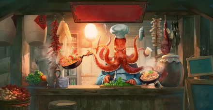 octopus cooking food chef fantasy creature HD Desktop Wallpaper | Background Image
