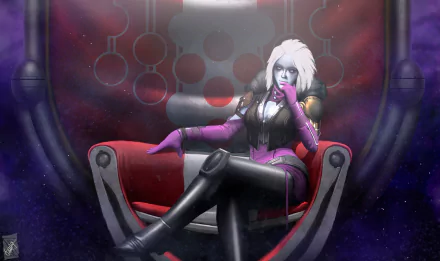 4K Ultra HD wallpaper of Mara Sov from Destiny video game, featuring her with short white hair, sitting confidently in a futuristic red and black chair.