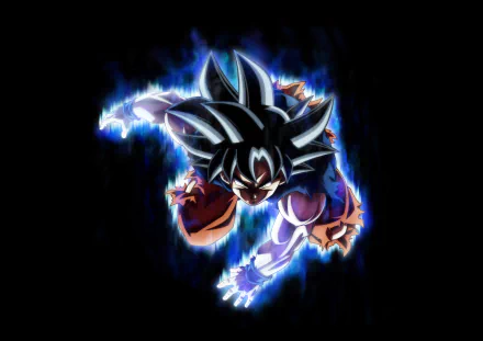 HD desktop wallpaper of Goku from Dragon Ball Super in an intense action pose, surrounded by glowing energy. The black background highlights his powerful, vibrant aura.
