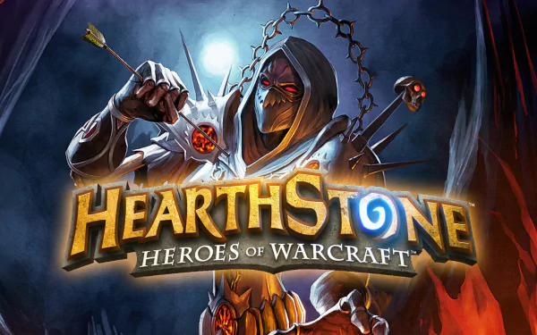 HD Hearthstone: Heroes of Warcraft desktop wallpaper featuring a cloaked character wielding magic and chains with the game logo prominently displayed.
