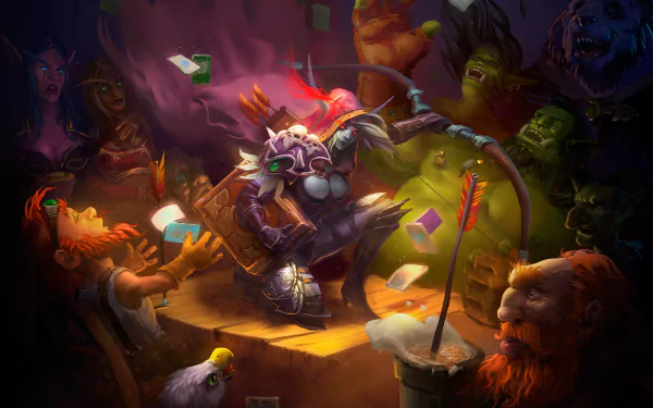 Hearthstone: Heroes of Warcraft HD wallpaper featuring whimsical characters engaged in a lively tavern scene.
