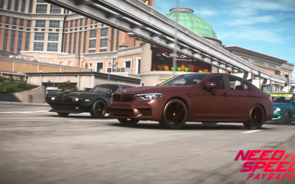 Matte red BMW M5 leads a high-speed street chase with rivals in Need for Speed Payback — video game 4K Ultra HD PC desktop wallpaper background, city and monorail.