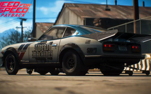 Nissan 240ZG car in Need for Speed Payback (video game) — rear three-quarter shot of a tuned vintage Nissan in a sunlit industrial lot, 4K Ultra HD PC desktop wallpaper/background.