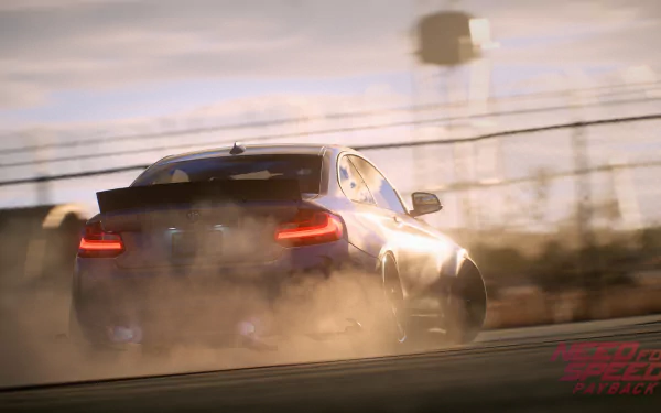HD PC wallpaper featuring a BMW M2 drifting on a racetrack in the video game Need for Speed Payback, showcasing dynamic motion and glowing taillights.