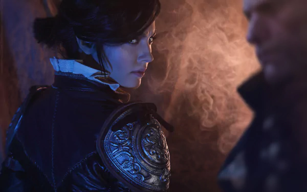 HD PC desktop wallpaper featuring a detailed cosplay of Syanna from The Witcher 3: Wild Hunt - Blood and Wine, showcasing a woman in intricate armor with atmospheric lighting.