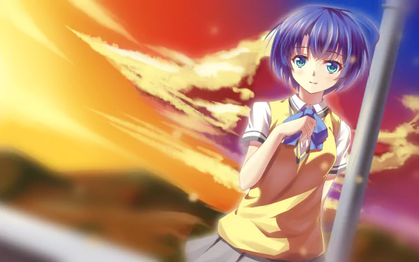 HD PC desktop wallpaper of Kanna Tanigawa with short blue hair and skirt, standing against a vivid sunset sky with clouds — Waiting in the Summer anime scene
