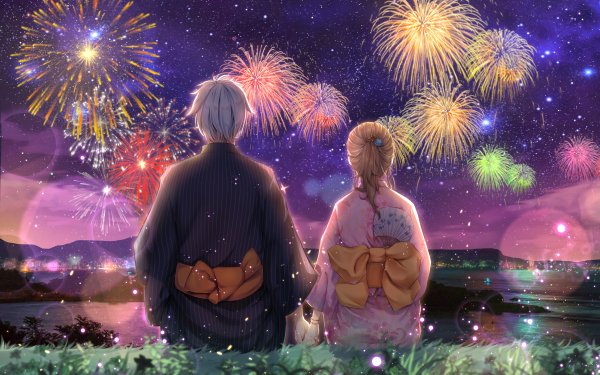 Anime Couple Fireworks Yukata Night HD Wallpaper | Background Image
