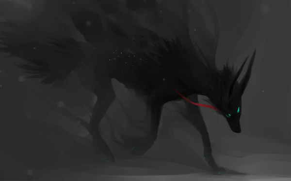 A dark, shadowy fantasy animal with glowing blue eyes and a red collar, set against a misty, eerie background. HD fantasy PC desktop wallpaper.