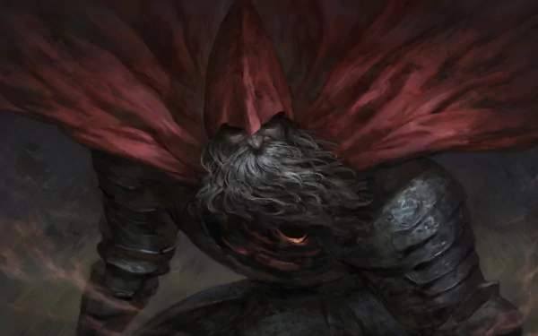 Bearded knight in dark armor with flowing red cape from Dark Souls III, rendered in 4K Ultra HD for a striking PC desktop wallpaper.