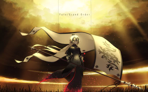 HD desktop wallpaper featuring Jeanne d'Arc Alter from Fate/Grand Order against a dramatic sunset backdrop, holding a large, flowing flag. Text reads Fate/Grand Order.