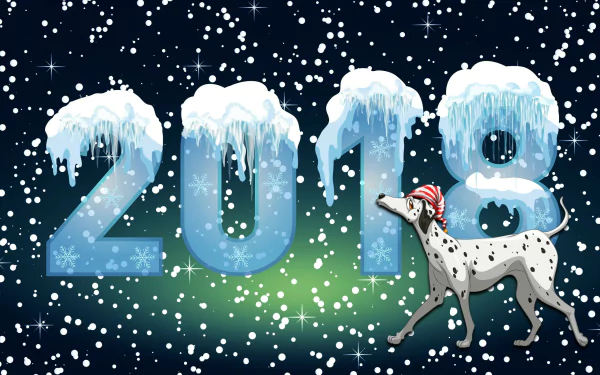 HD desktop wallpaper featuring icy 2018 numbers covered in snow and icicles, with a Dalmatian dog wearing a red hat amidst a snowy New Year snowfall scene.