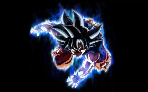 HD desktop wallpaper of Goku from Dragon Ball Super in an intense action pose, surrounded by glowing energy. The black background highlights his powerful, vibrant aura.