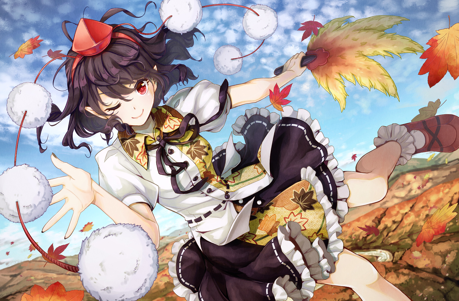 HD anime desktop wallpaper featuring Aya Shameimaru from Touhou, surrounded by autumn leaves and dango, set against a bright blue sky background.